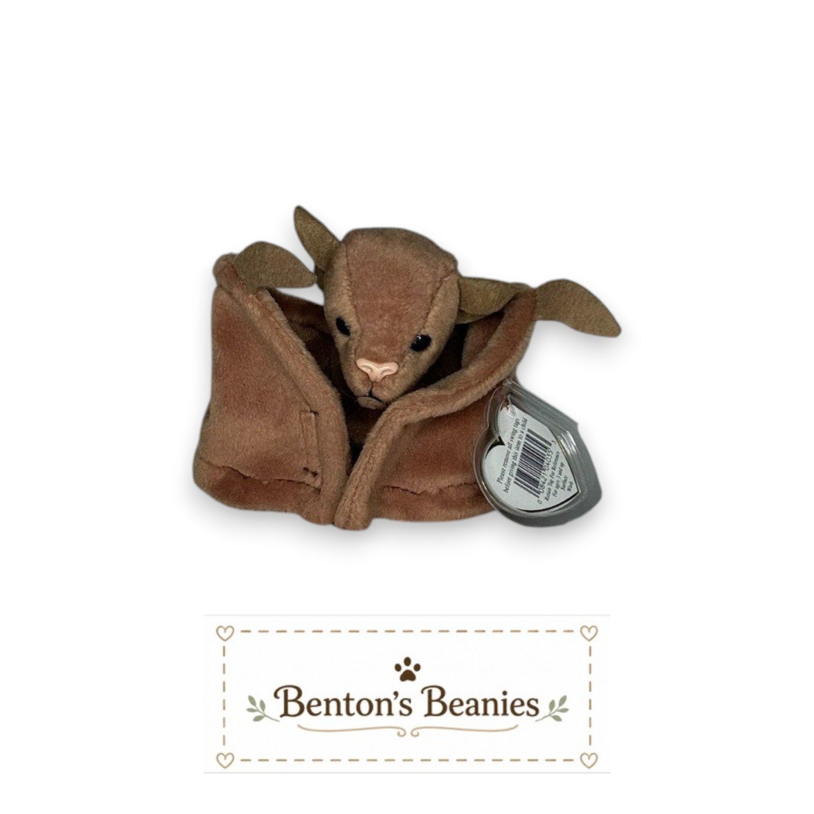 Benton's Beanies Batty the Bat TY Beanie Baby in brown plush with mint heart tag, perfect for 90s toy collectors.