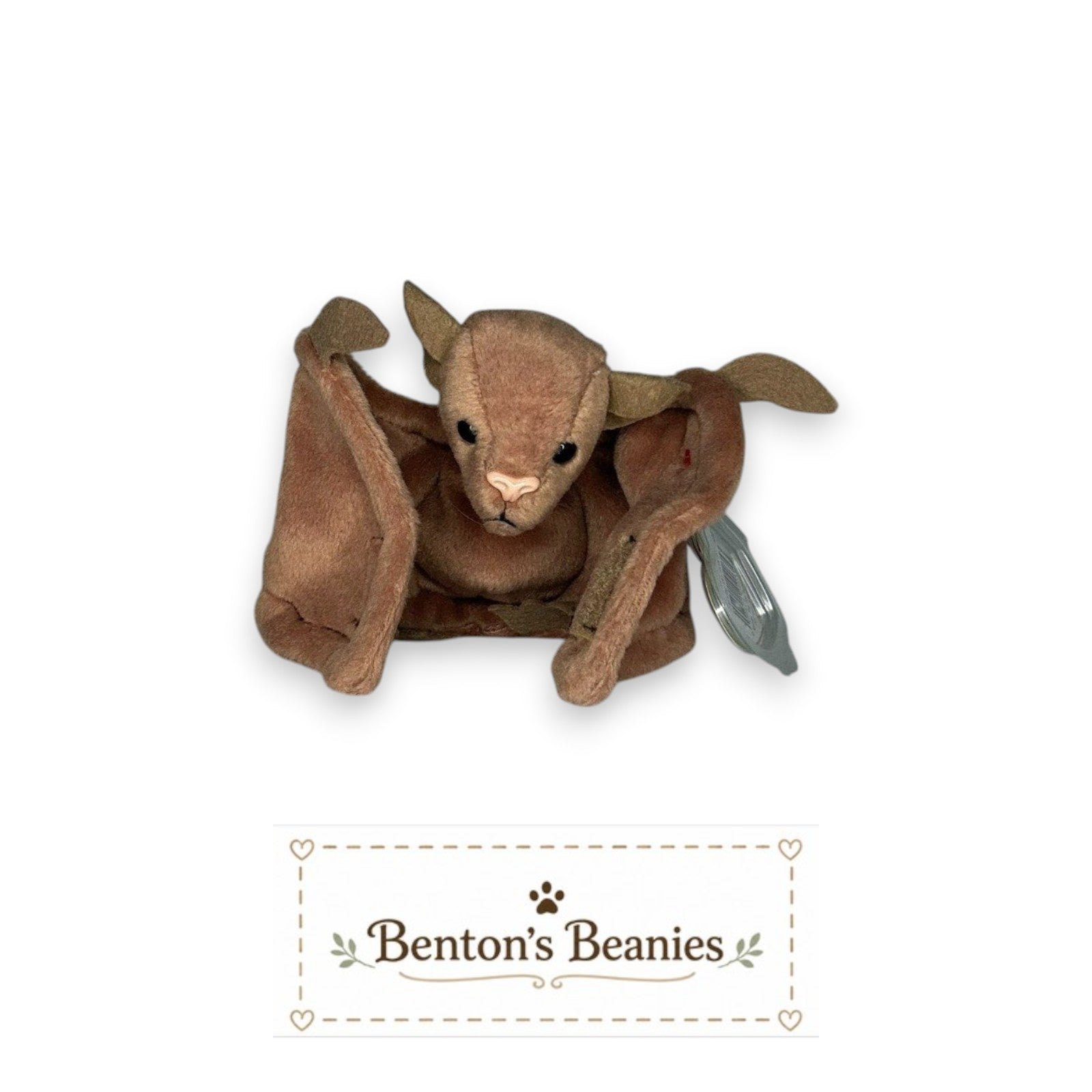 Benton's Beanies Batty the Bat TY Beanie Baby in soft brown plush with wide wings and mint condition tags.