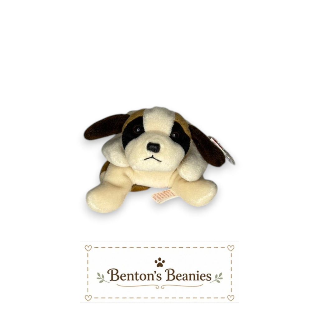 Benton's Beanies Bernie the Bernard TY Beanie Baby, brown and cream plush dog with floppy ears, laying down.