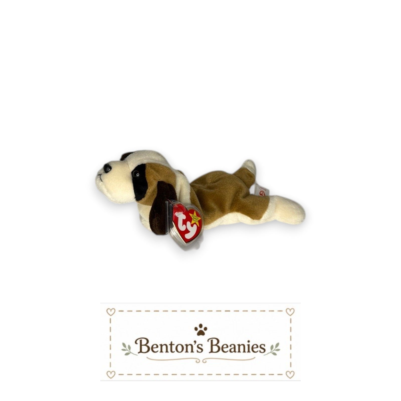 Benton's Beanies Bernie the Bernard TY Beanie Baby dog plush, brown and cream with floppy ears, laying down.