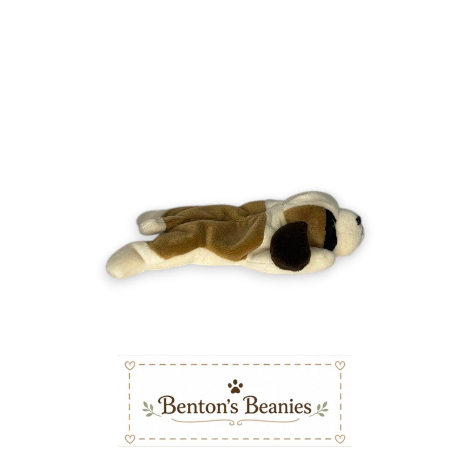 Benton's Beanies Bernie the Bernard TY Beanie Baby dog plush, brown and cream, laying down with floppy ears.