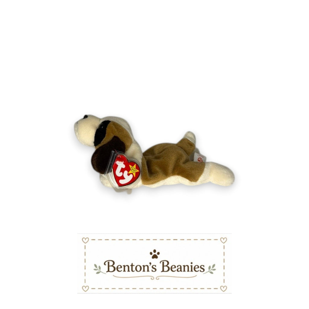 Benton's Beanies Bernie the Bernard dog Beanie Baby, brown and cream plush, floppy ears, laying pose with red Ty tag.