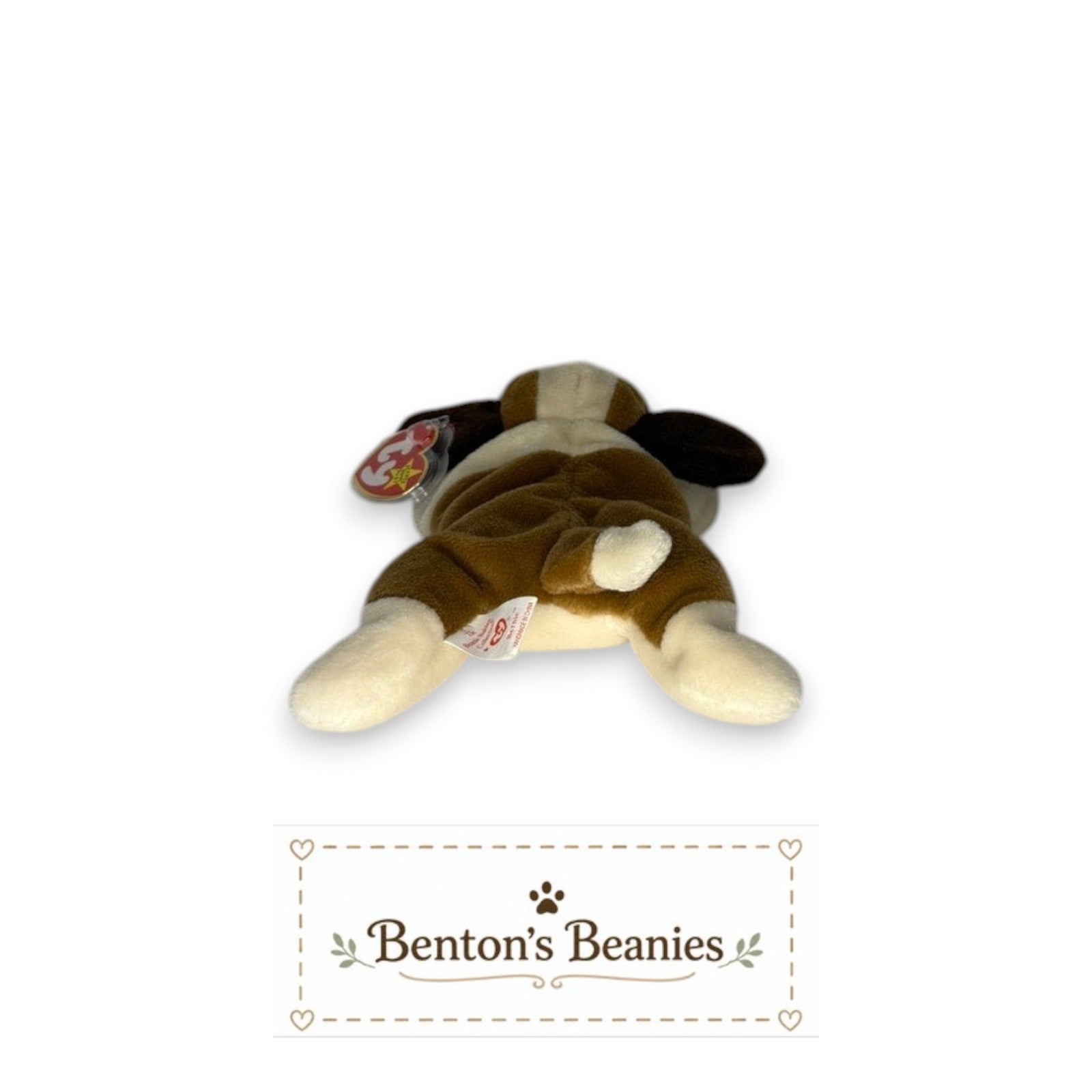 Benton's Beanies Bernie the Bernard dog Beanie Baby, brown and cream plush, floppy ears, laying pose.