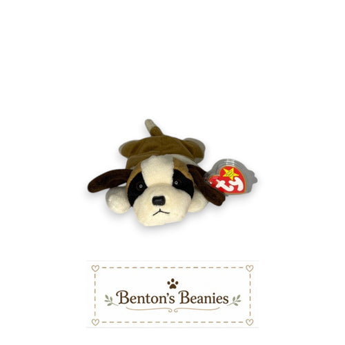 Benton's Beanies Bernie the Bernard dog plush toy, brown and cream with black markings, floppy ears, laying down.