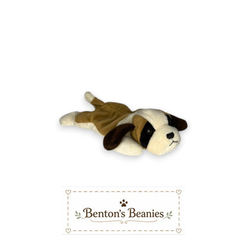 Benton's Beanies Bernie the Bernard dog plush toy, brown and cream with floppy ears, lying down.