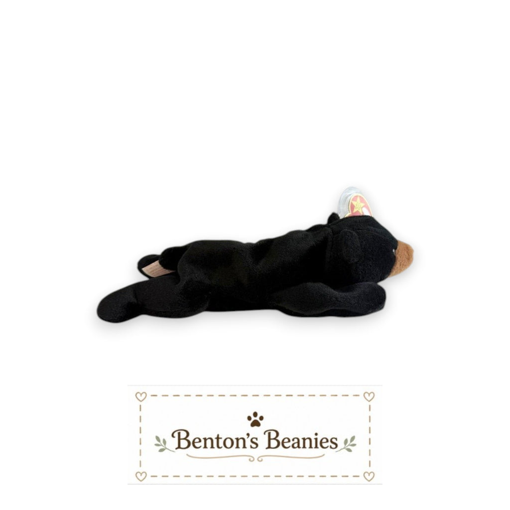 Benton's Beanies Blackie the Bear TY Beanie Baby, black plush with brown snout, lying down.