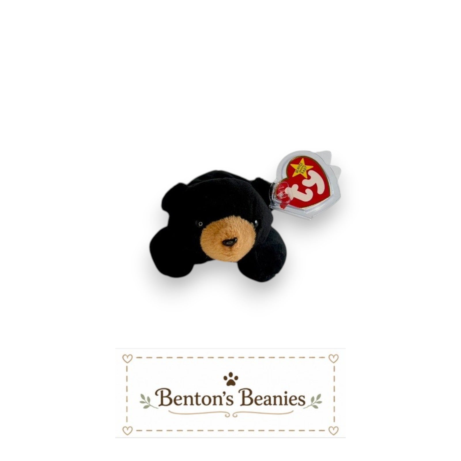 Benton's Beanies Blackie the Bear TY Beanie Baby plush toy with brown snout and red tag. Classic 90s collectible.