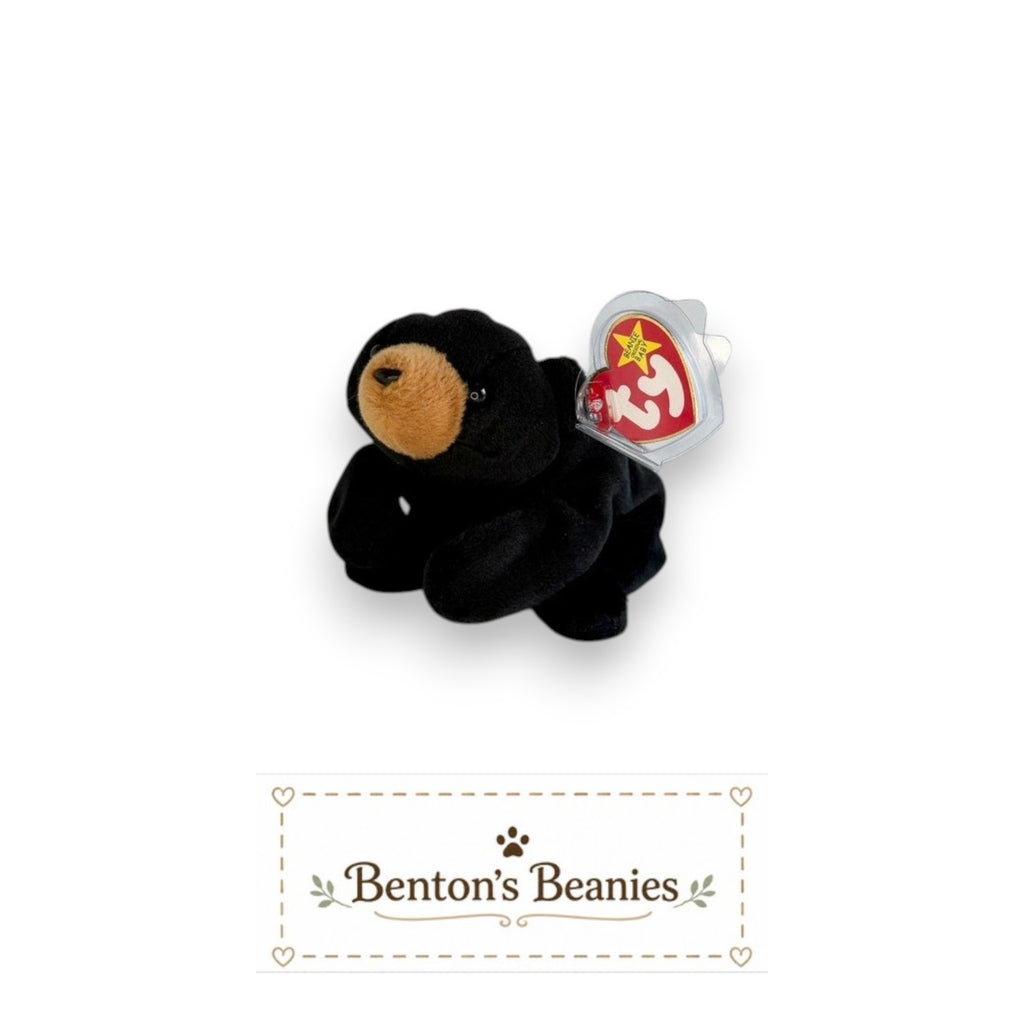 Benton's Beanies Blackie the Bear TY Beanie Baby, black plush with brown snout, mint tags. Classic 90s collectible.