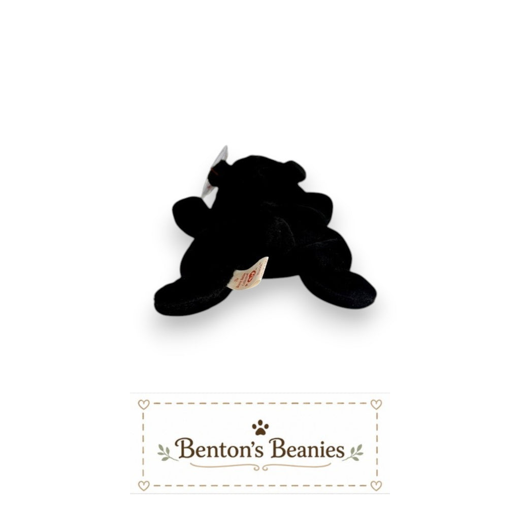 Benton's Beanies Blackie the Bear TY Beanie Baby, black plush with brown snout, classic floppy design, mint tags.