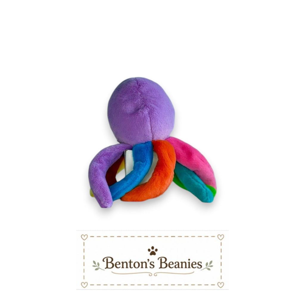 Benton's Beanies Blinky the Octopus plush toy with purple body and rainbow tentacles, 2024 release.