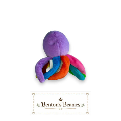Benton's Beanies Blinky the Octopus plush toy with purple body and rainbow tentacles, 2024 release.