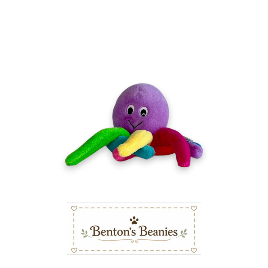Benton's Beanies Blinky the Octopus plush toy with purple body and rainbow tentacles, featuring a friendly embroidered smile.