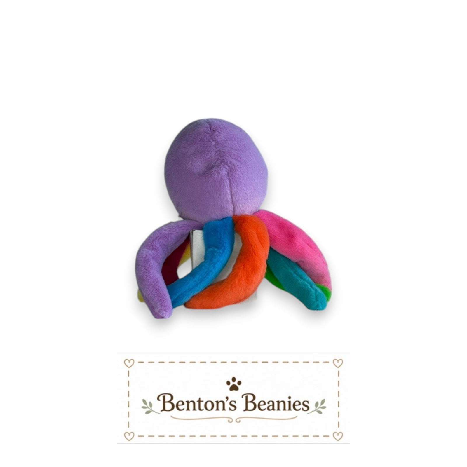 Benton's Beanies Blinky the Octopus plush toy with purple body and rainbow tentacles, 2024 release.