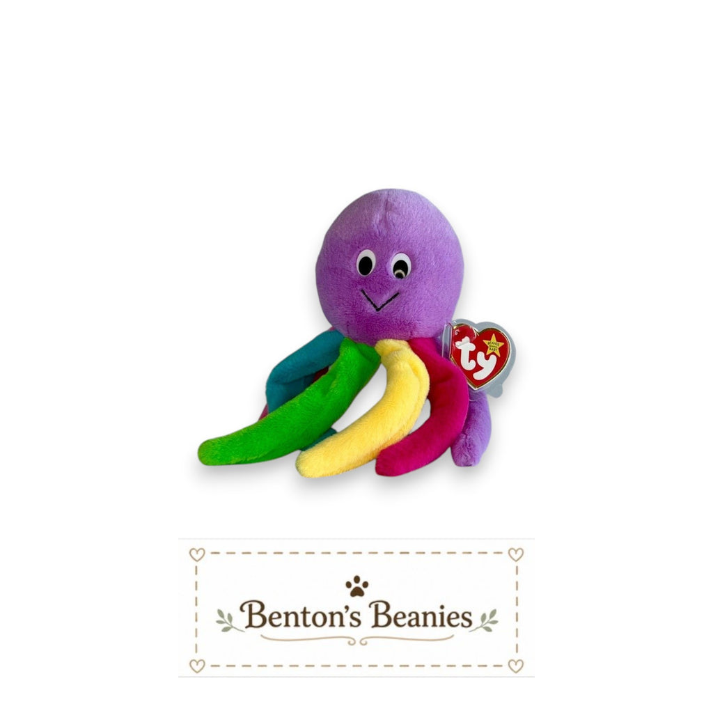 Benton's Beanies Blinky the Octopus TY Beanie Baby plush toy with purple body and rainbow tentacles.