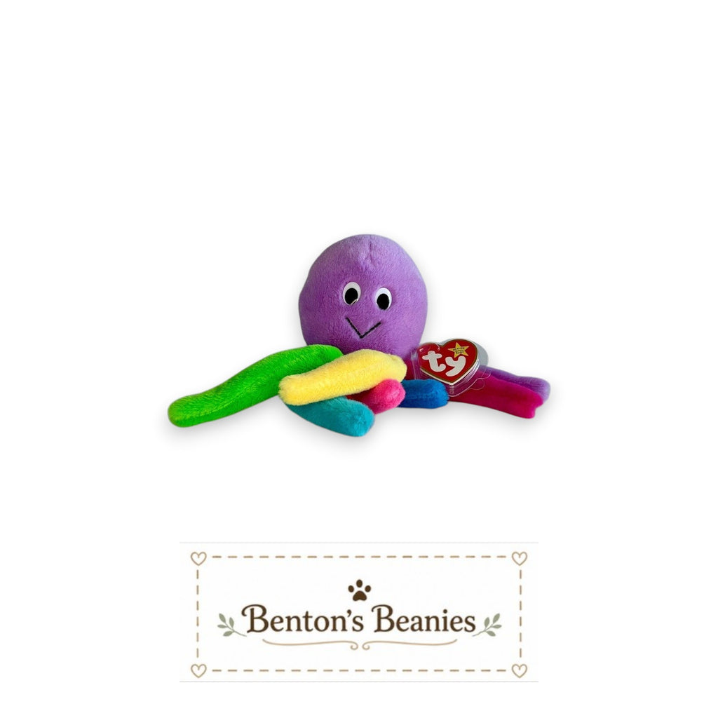 Benton's Beanies Blinky the Octopus Ty Beanie Baby plush toy with purple body and rainbow tentacles. Features embroidered smile and Ty tag.