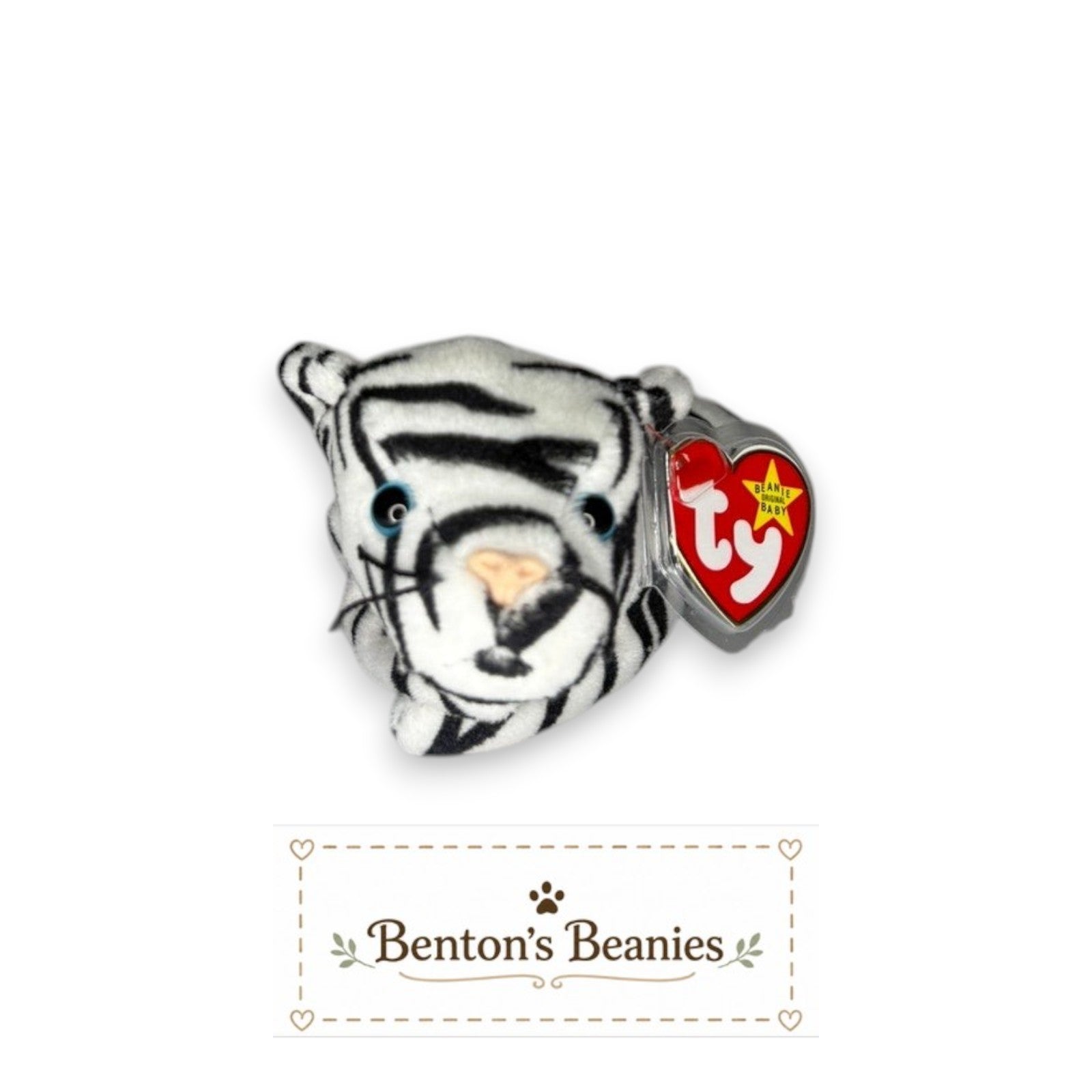 Benton's Beanies Blizzard the Snow Leopard TY Beanie Baby, white plush with black stripes and blue eyes.