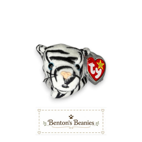 Benton's Beanies Blizzard the Snow Leopard TY Beanie Baby, white plush with black stripes and blue eyes.