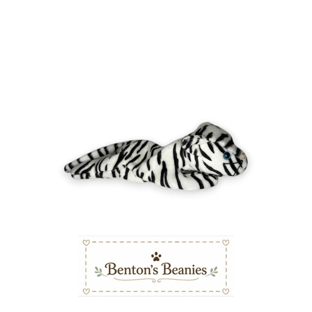 Benton's Beanies Blizzard the Snow Leopard TY Beanie Baby, white plush with black stripes and blue eyes, lying down.