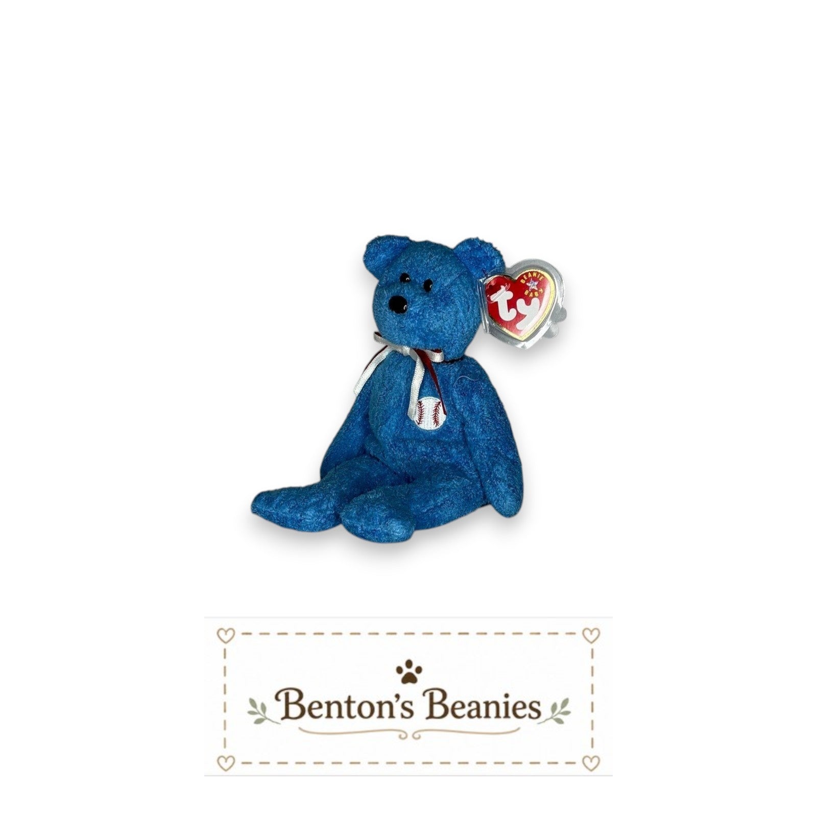 Benton's Beanies blue plush bear with baseball emblem on ribbon, Ty heart tag attached.