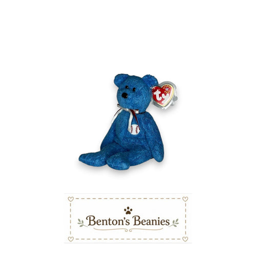 Benton's Beanies blue plush bear with baseball emblem on ribbon, Ty heart tag attached.