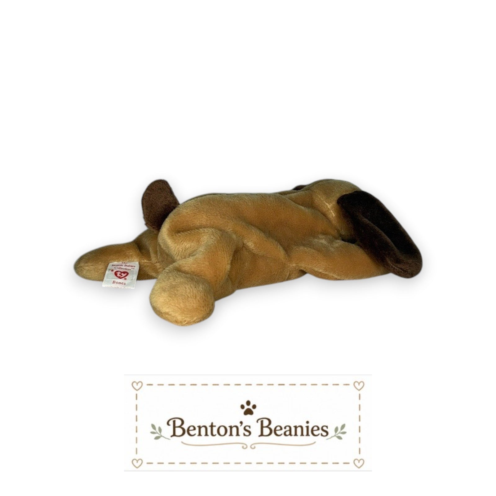 Benton's Beanies tan plush dog with brown floppy ears, lying down. Classic 90s Beanie Baby.