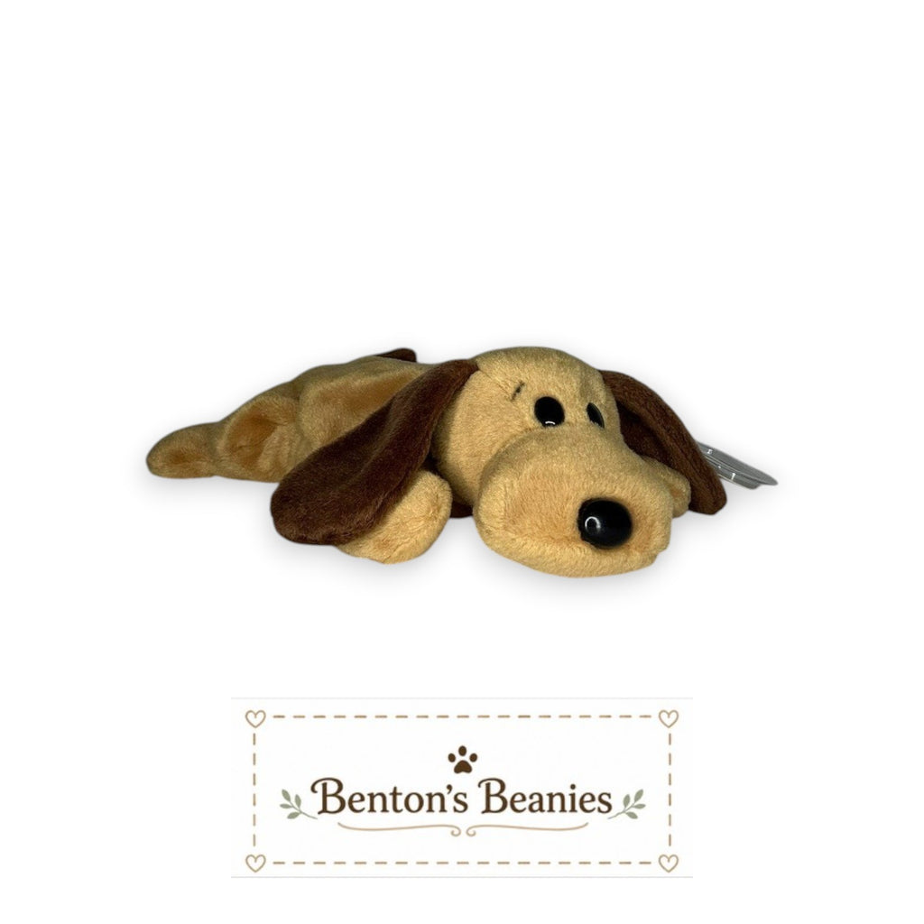 Benton's Beanies Bones the Dog TY Beanie Baby with tan plush, brown floppy ears, and mint condition tags.