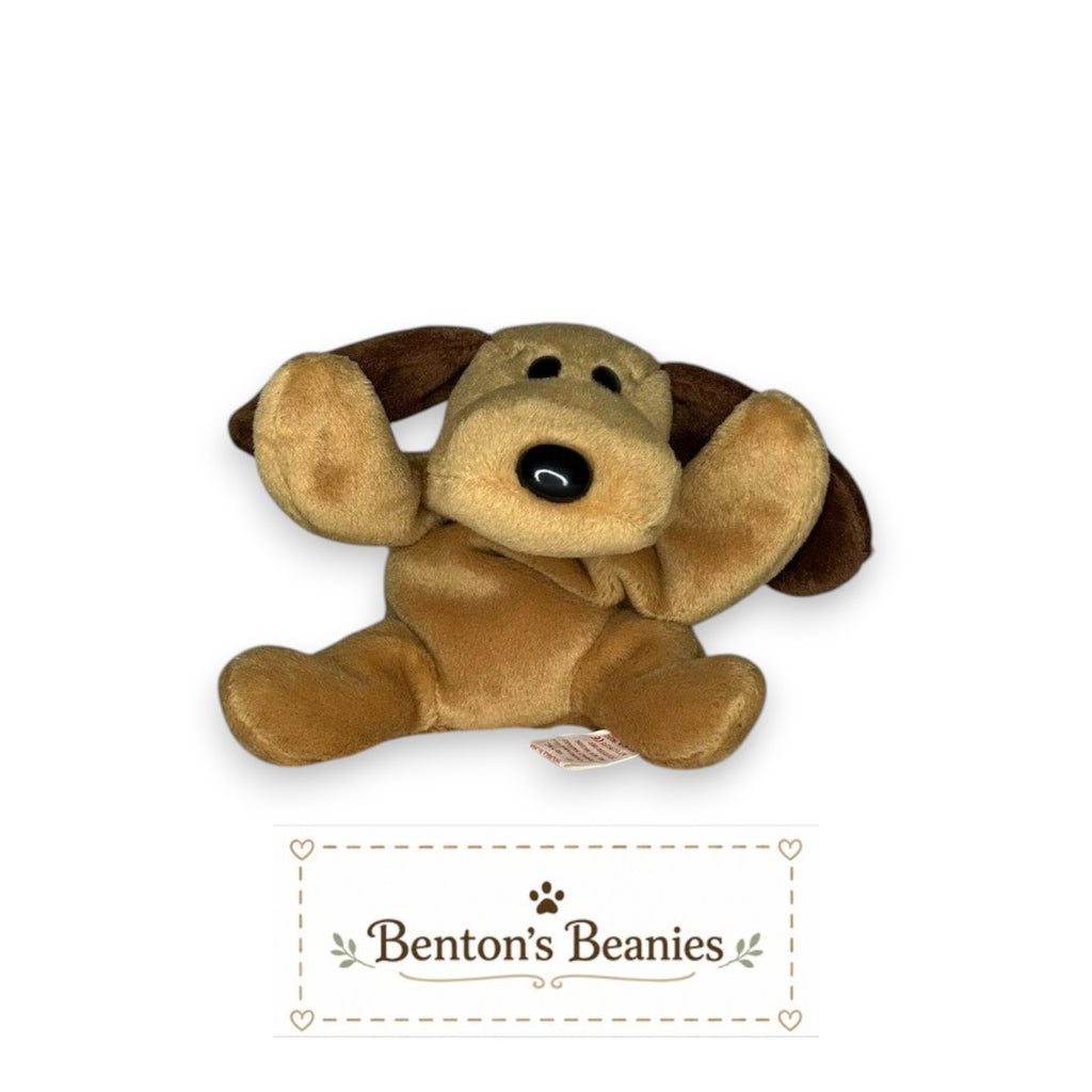Benton's Beanies Bones the Dog TY Beanie Baby with tan plush, brown floppy ears, and mint condition tags.
