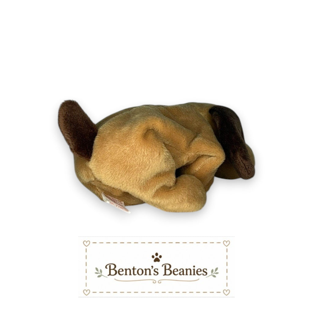 Benton's Beanies TY Beanie Baby Bones the Dog plush with tan fur and brown ears in mint condition.