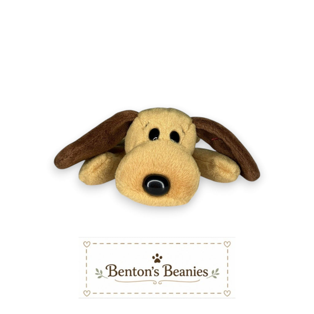 Benton's Beanies Bones the Dog TY Beanie Baby with soft tan plush, brown floppy ears, and mint condition tags.