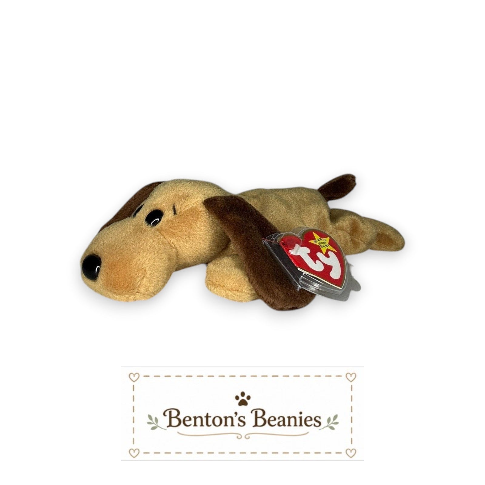 Benton's Beanies Bones the Dog TY Beanie Baby in tan and brown plush with mint heart tag and floppy ears.