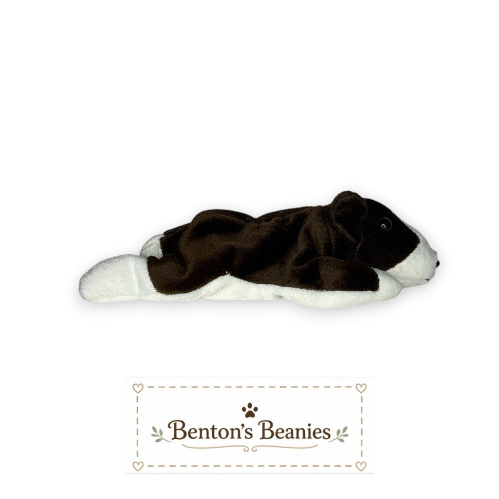 Benton's Beanies Bruno the English Bull Terrier TY Beanie Baby plush in brown and white with a floppy pose.