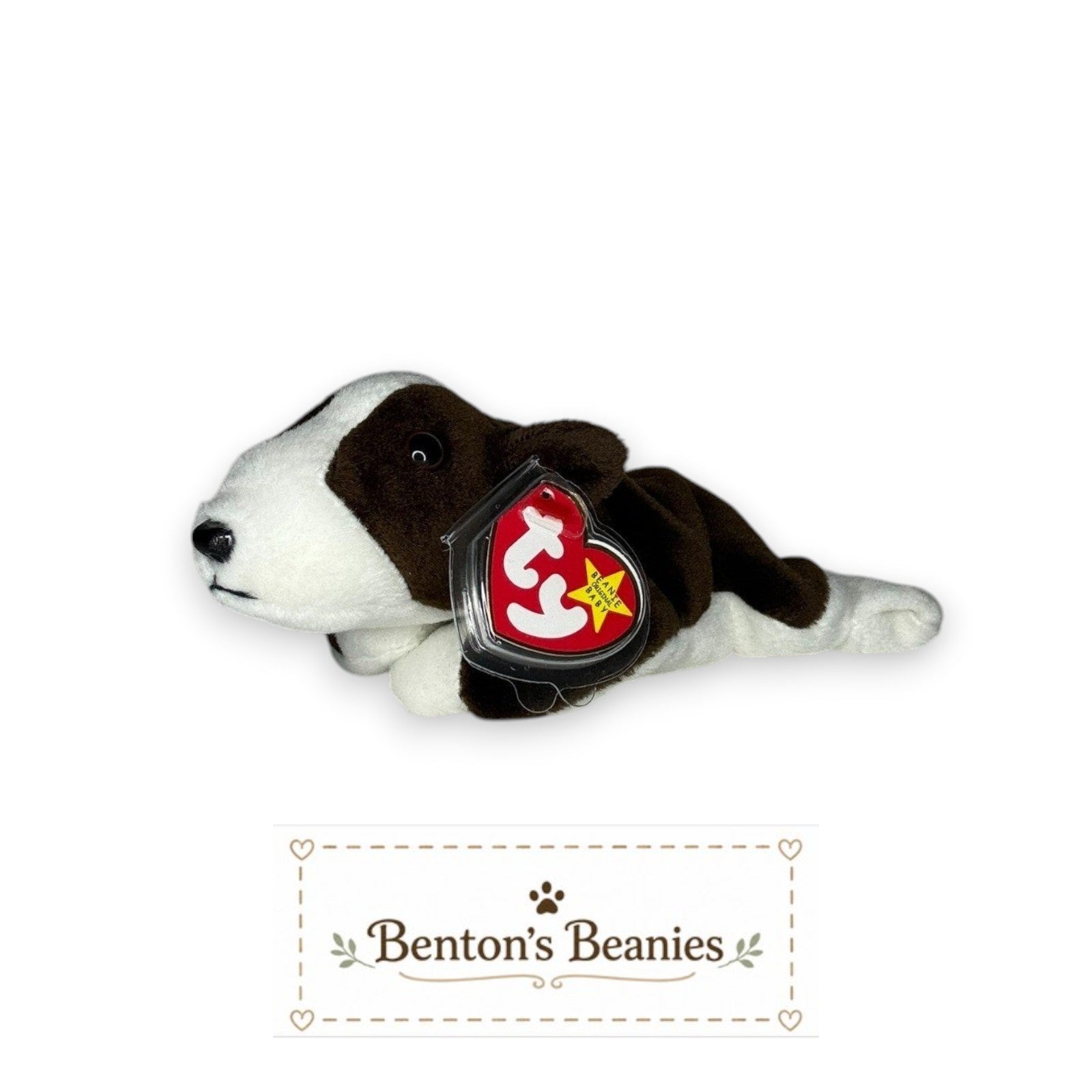 Benton's Beanies Bruno the English Bull Terrier TY Beanie Baby with mint heart tag in a soft brown and white plush.
