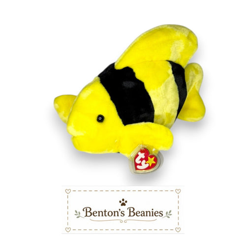 Benton's Beanies Bubbles the Fish Ty Beanie Buddy, a yellow plush fish with black stripes and mint tags.