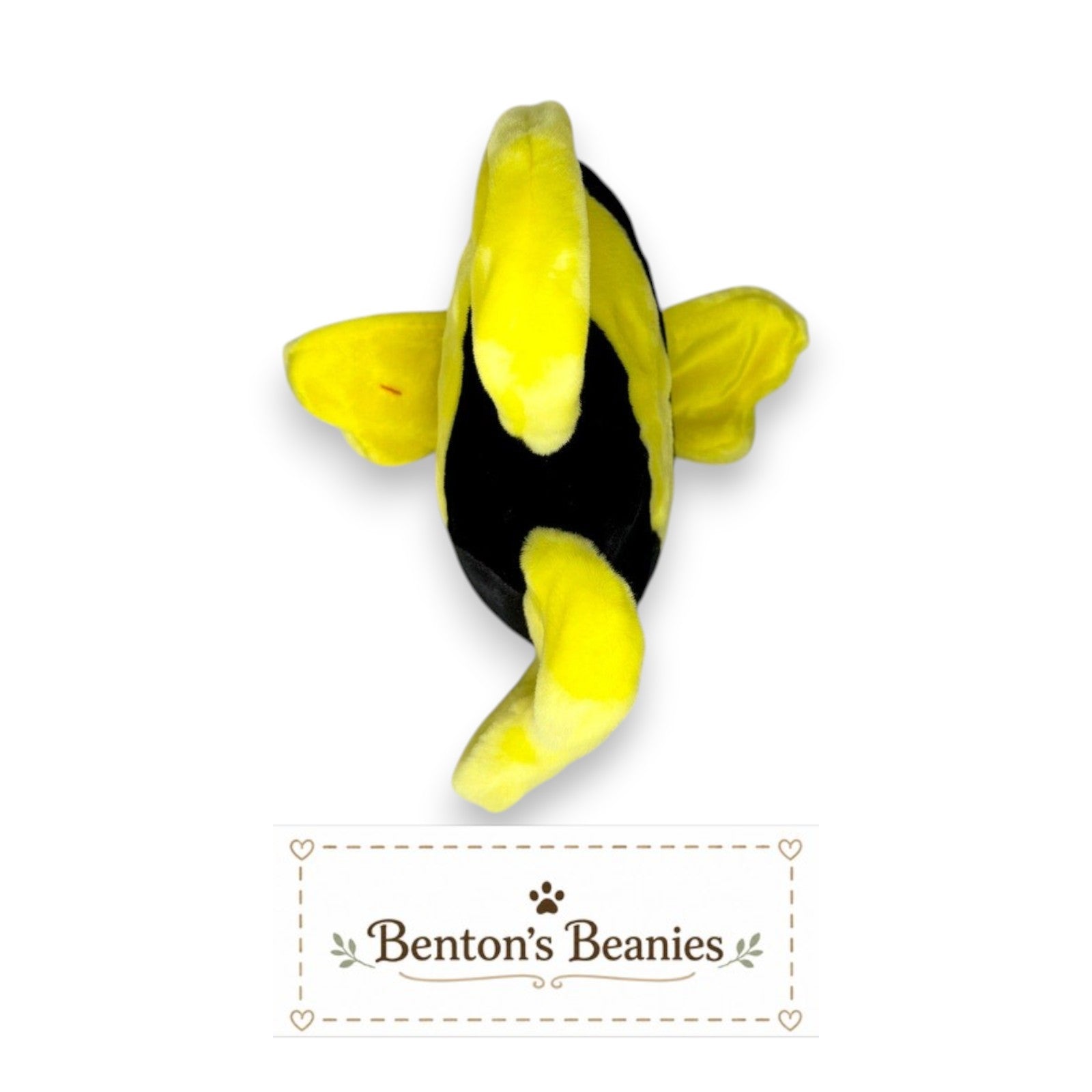 Benton's Beanies Bubbles the Fish Beanie Buddy plush toy, bright yellow with black stripes, oversized design.