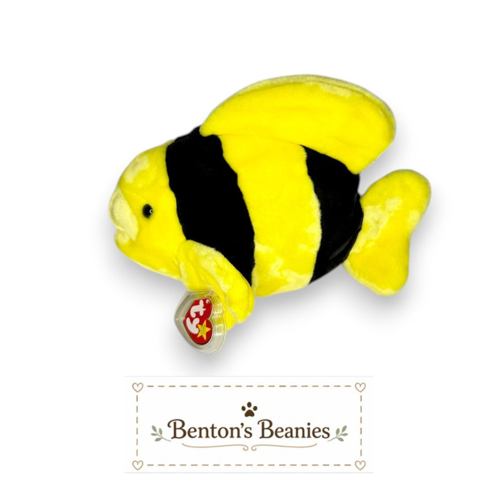 Benton's Beanies Bubbles the Fish Ty Beanie Buddy plush, yellow with black stripes, mint tags.