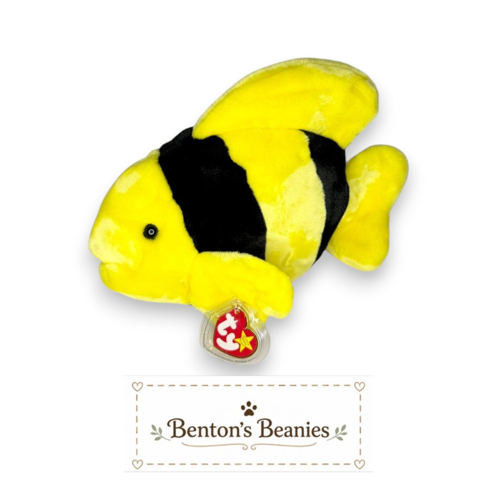 Benton's Beanies Bubbles the Fish Ty Beanie Buddy, a yellow plush fish with black stripes and mint tags.
