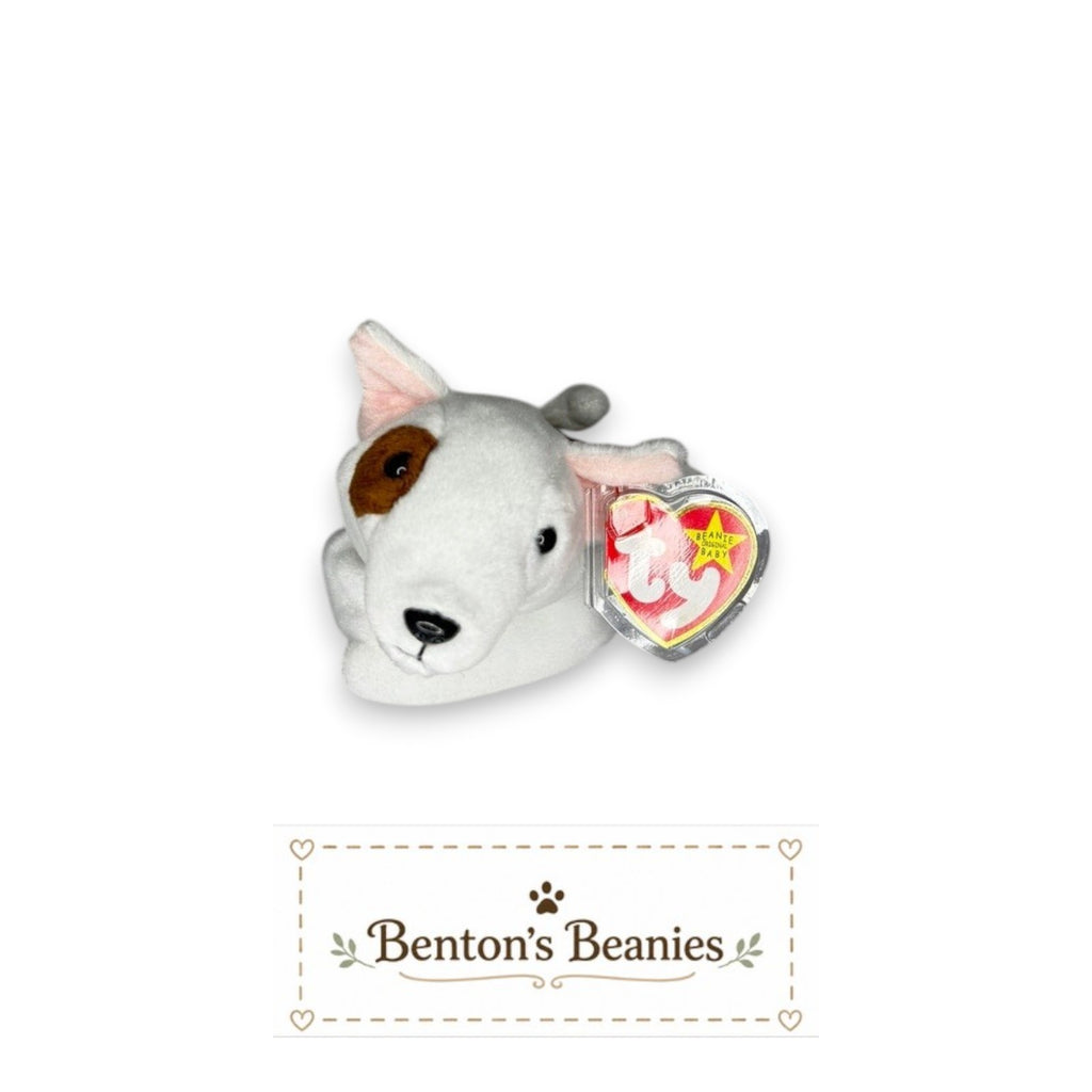 Benton's Beanies Butch the Dog Ty Beanie Baby, white plush with brown eye patch and floppy ears, mint tags.