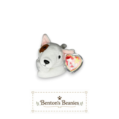 Benton's Beanies Butch the Dog TY Beanie Baby, white plush with brown eye patch and floppy ears, mint tags.