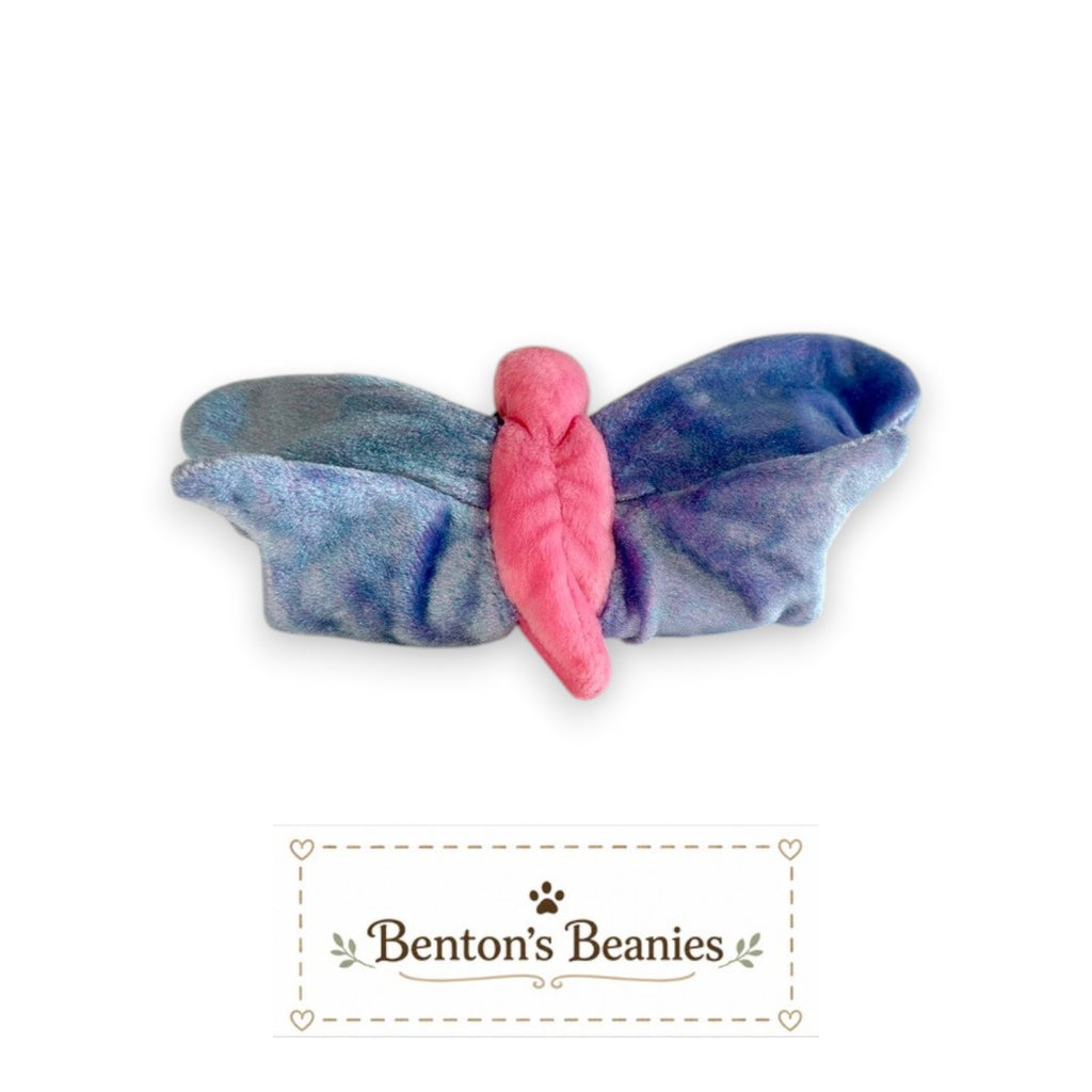 Benton's Beanies Flitter the Butterfly Ty Beanie Baby, pastel plush with rainbow wings and pink body.