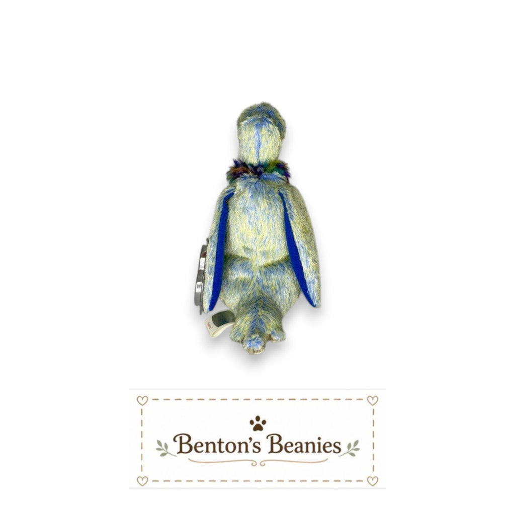Benton's Beanies Buzzy the Buzzard Ty Beanie Baby plush toy with blue and gray textured feathers, blue beak, and colorful collar.