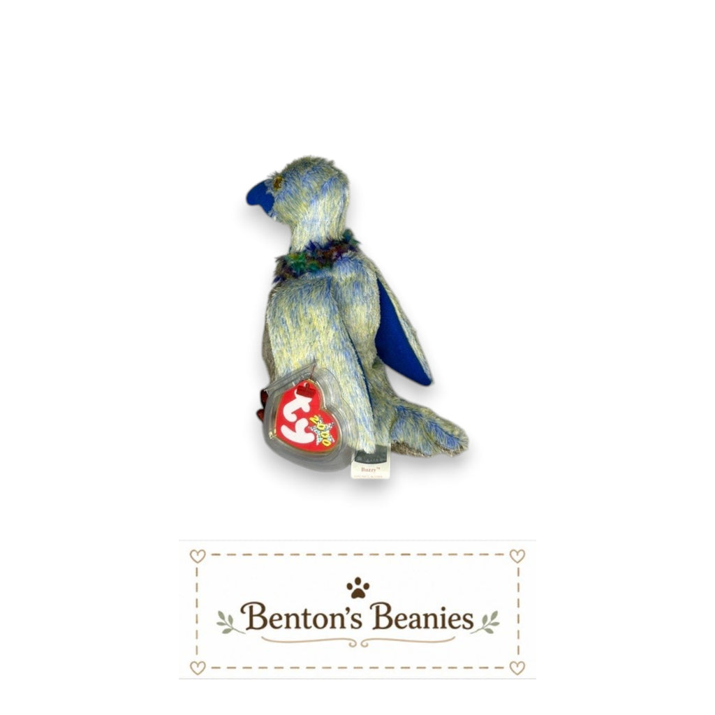 Benton's Beanies Buzzy the Buzzard Ty Beanie Baby plush toy with blue beak and colorful feather collar.