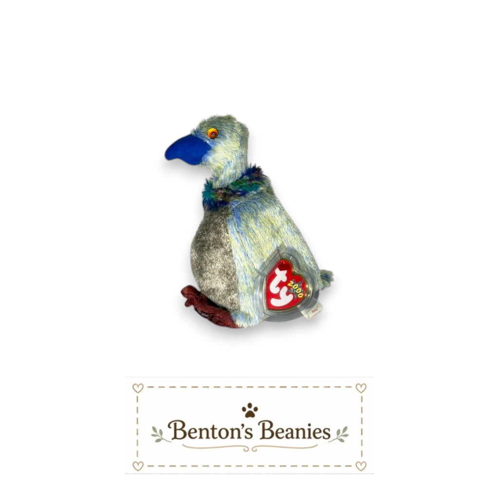 Benton's Beanies Buzzy the Buzzard Ty Beanie Baby plush toy with blue beak, textured gray and yellow feathers, and colorful collar.