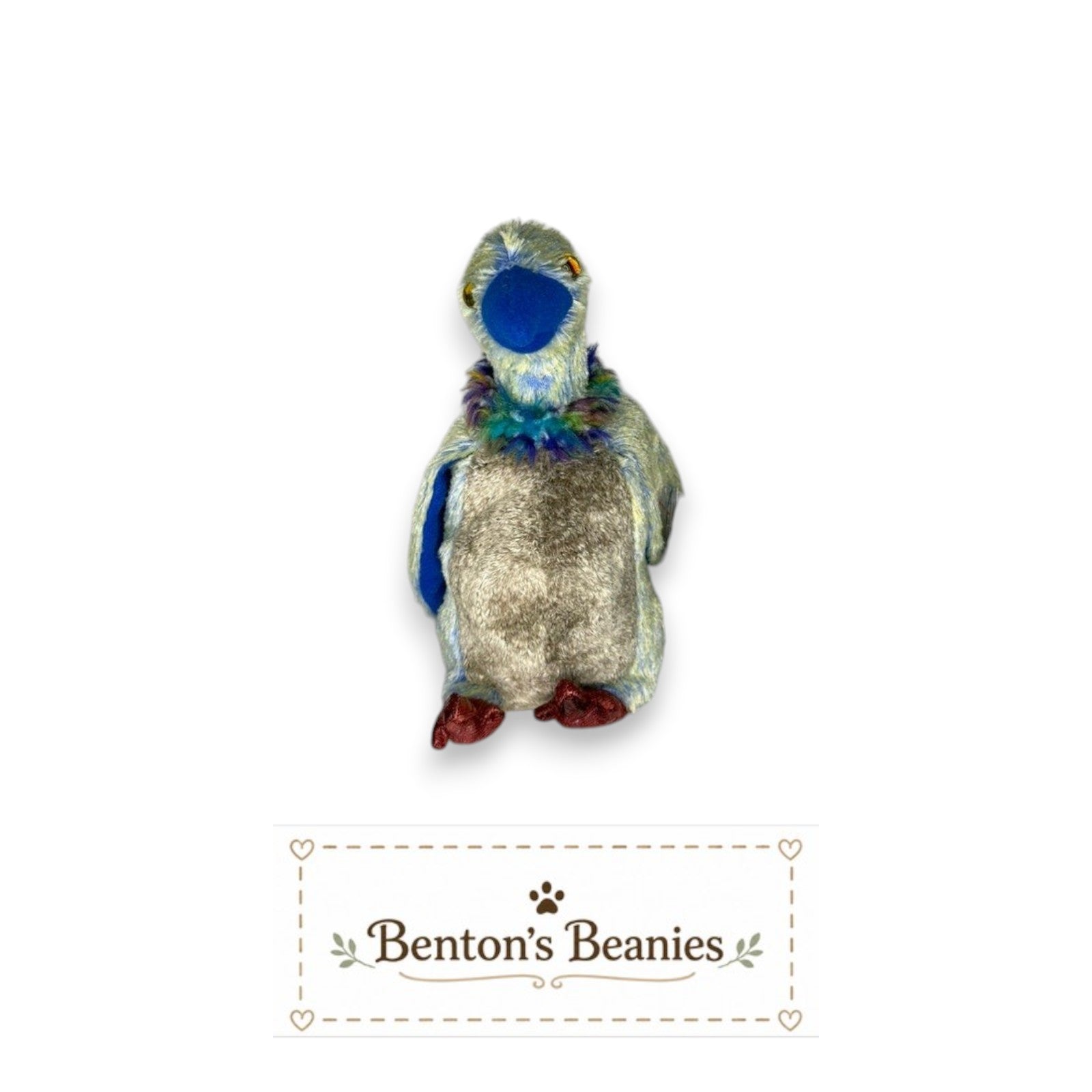 Benton's Beanies Buzzy the Buzzard Ty Beanie Baby plush toy with blue beak, textured grey and blue feathers, and colorful collar.