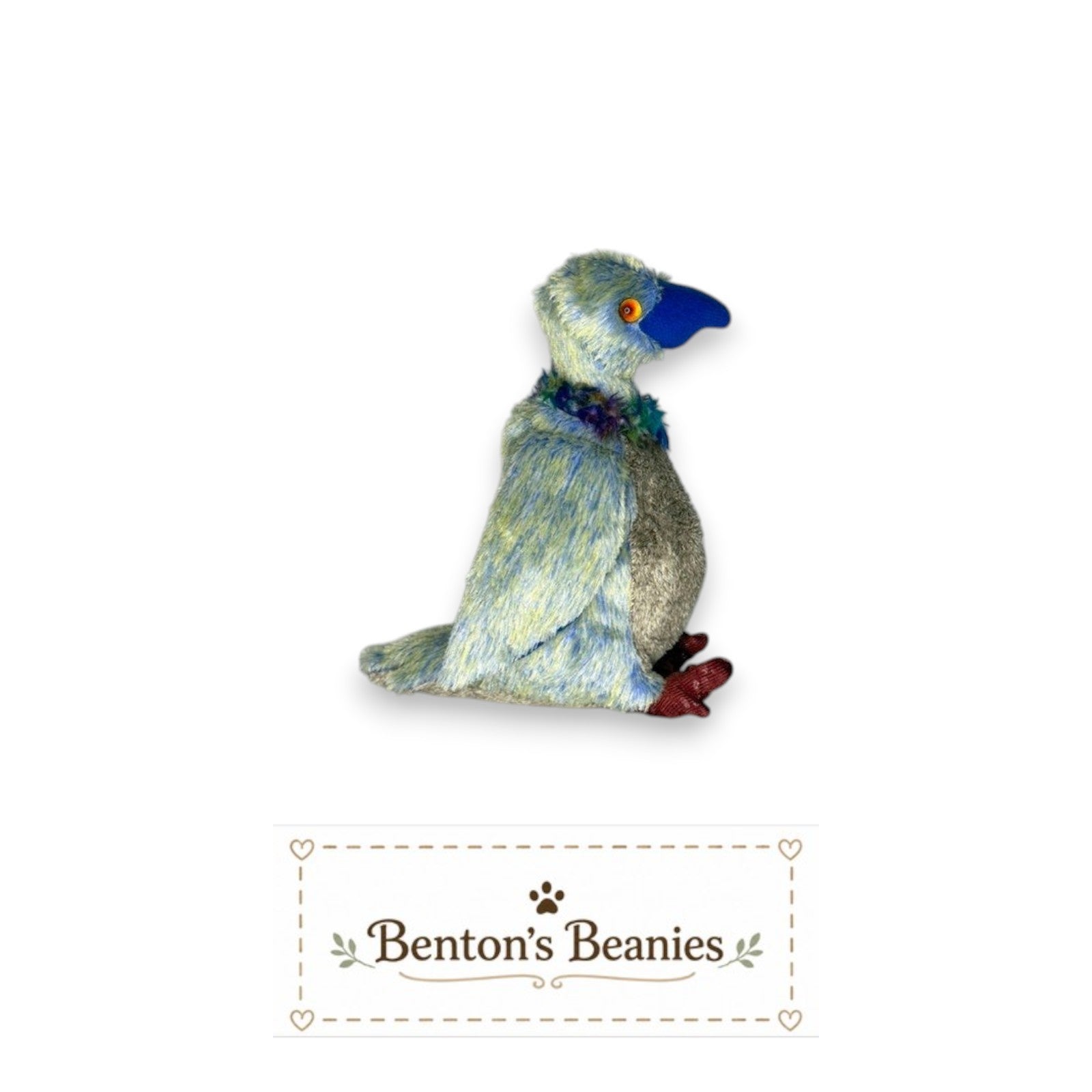 Benton's Beanies Buzzy the Buzzard Ty Beanie Baby plush toy with blue beak and colorful feather collar.