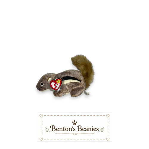 Benton's Beanies Chipper the Chipmunk Ty Beanie Baby plush toy with brown fur, black and white stripe, and fluffy tail.