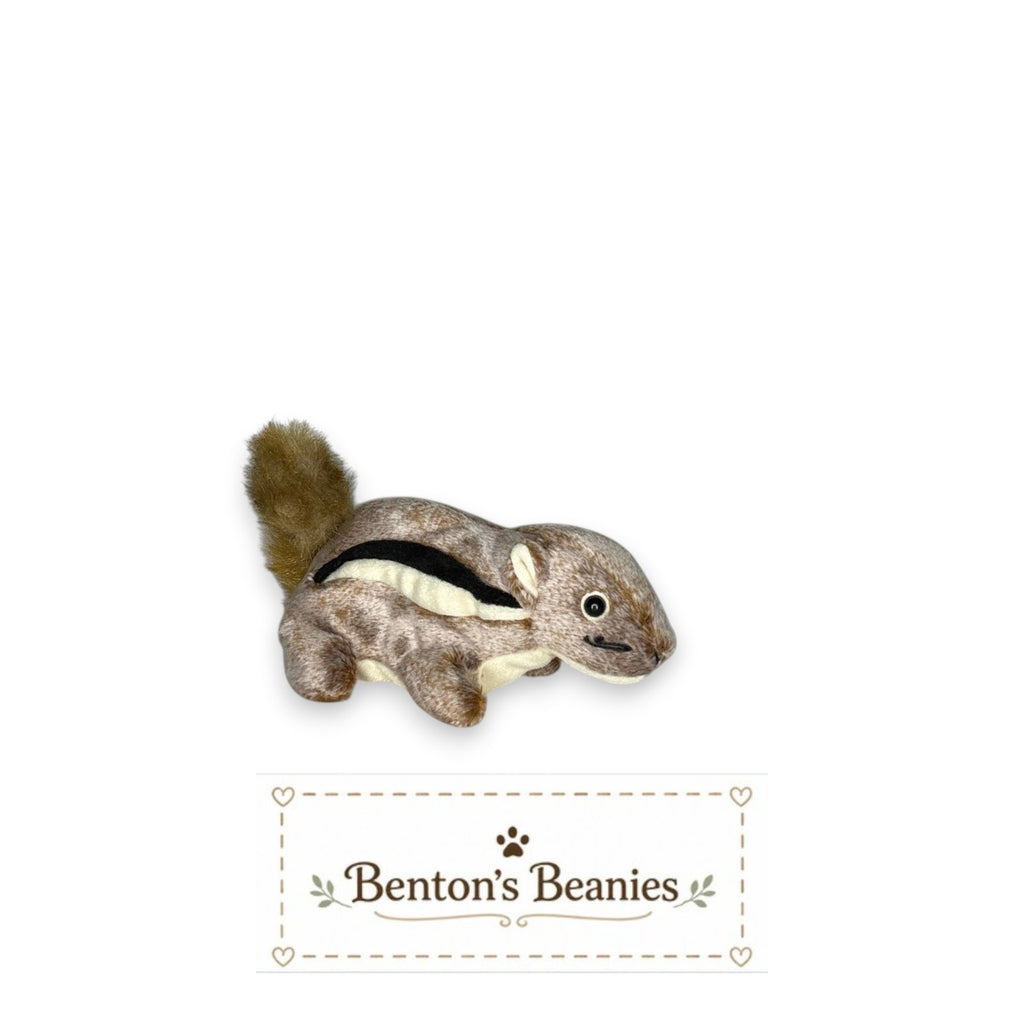 Benton's Beanies Chipper the Chipmunk Ty Beanie Baby, brown plush with black stripe detail and fluffy tail.