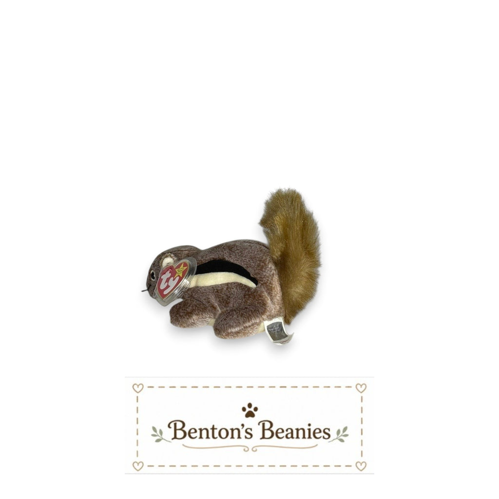 Benton's Beanies Chipper the Chipmunk Ty Beanie Baby plush toy with brown fur, black and white stripes, and a fluffy tail.