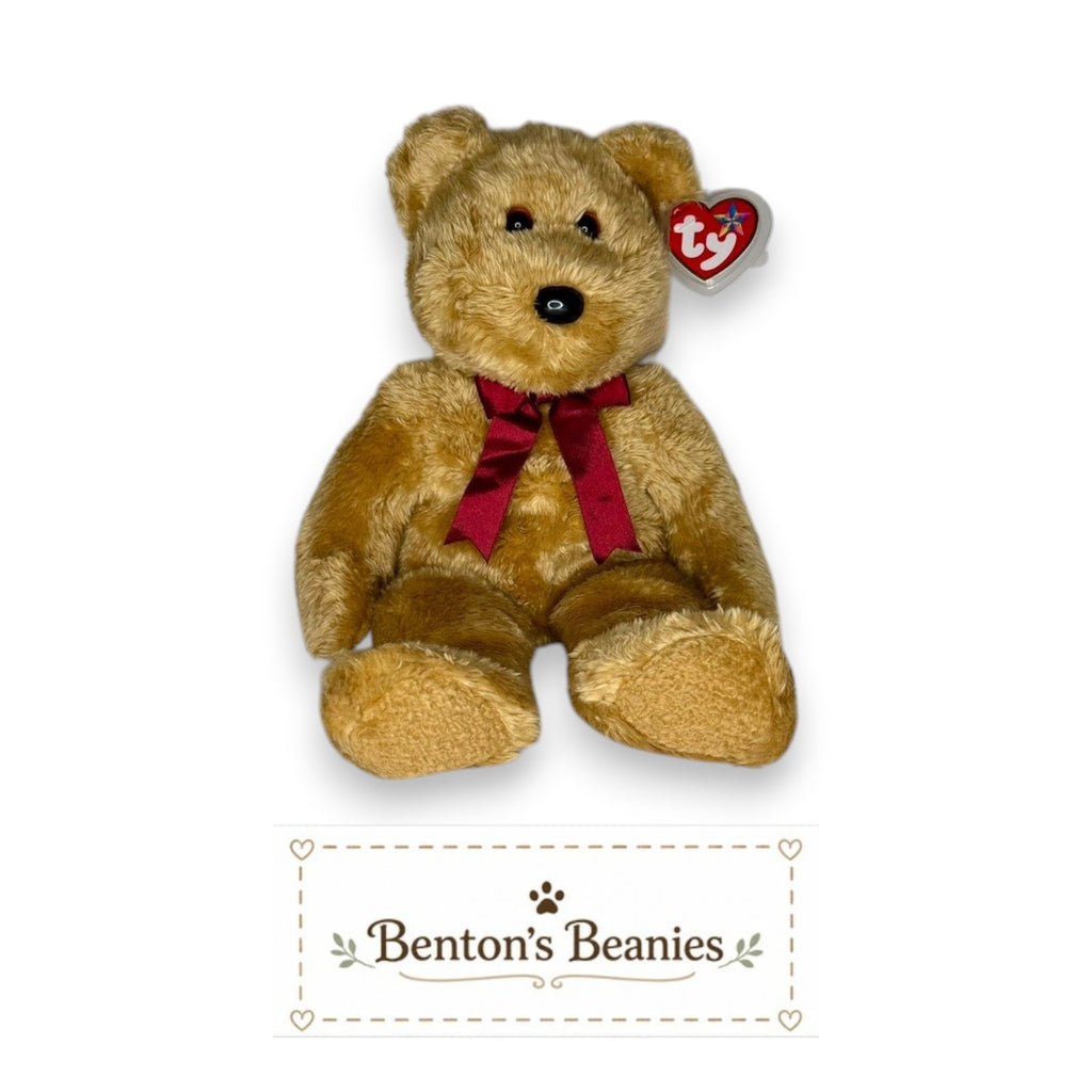 Benton's Beanies Curly the Bear Ty Beanie Buddy, honey-colored plush with burgundy ribbon. Classic teddy bear.