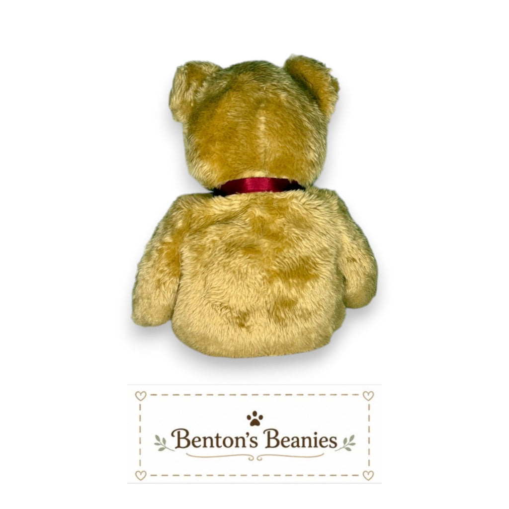 Benton's Beanies Curly the Bear Ty Beanie Buddy, honey-colored plush with burgundy ribbon, classic teddy bear design.