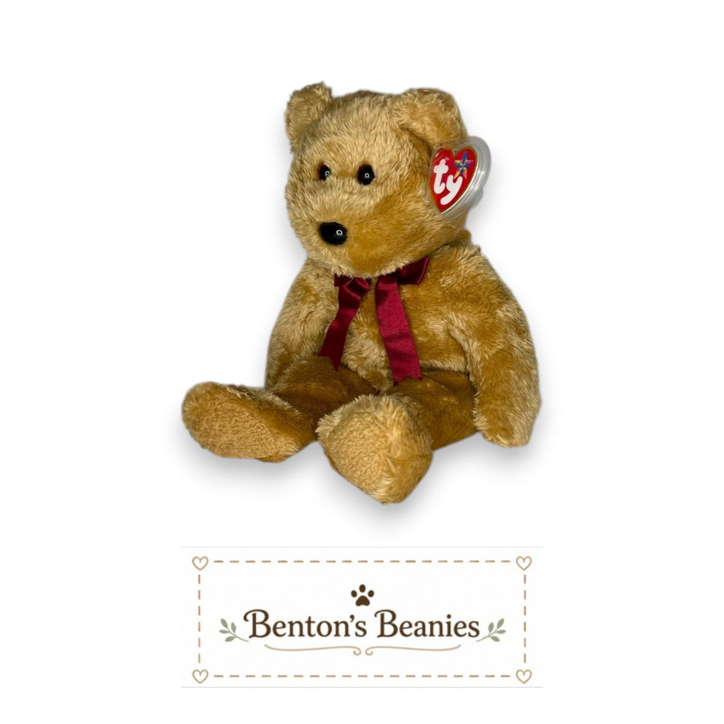 Benton's Beanies Curly the Bear Ty Beanie Buddy, honey-colored plush with burgundy ribbon, mint tags.